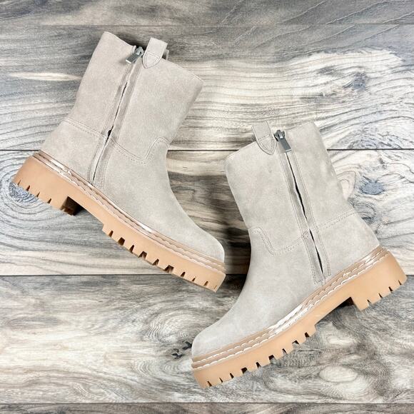 NEW Splendid Adria 7M Suede Taupe Lug Sole Mid Calf Boots Booties - Picture 4 of 11